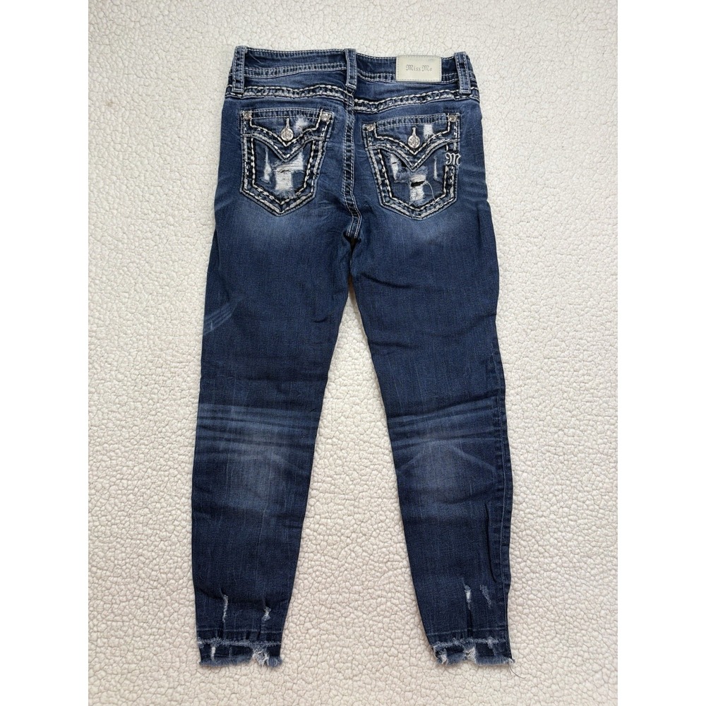 Miss Me Mid Rise Skinny Ankle Jeans Flap Pockets 28 Distressed Bling Raw Hem